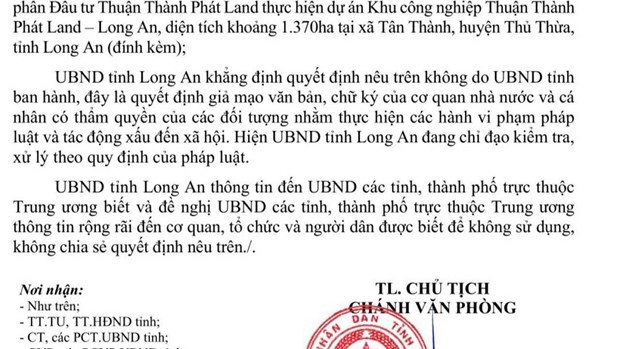 Phát hiện văn bản giả mạo chữ ký của Ủy ban nhân dân tỉnh Long An