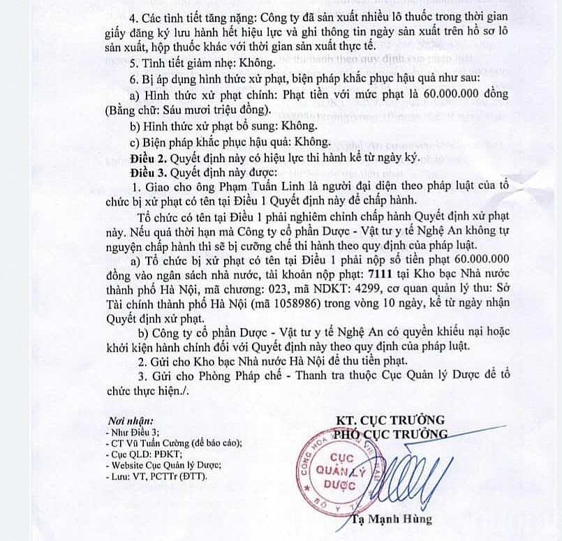 Nghệ An: Phạt Công ty Cổ phần Dược - Vật tư y tế sản xuất thuốc khi giấy lưu hành hết hiệu lực