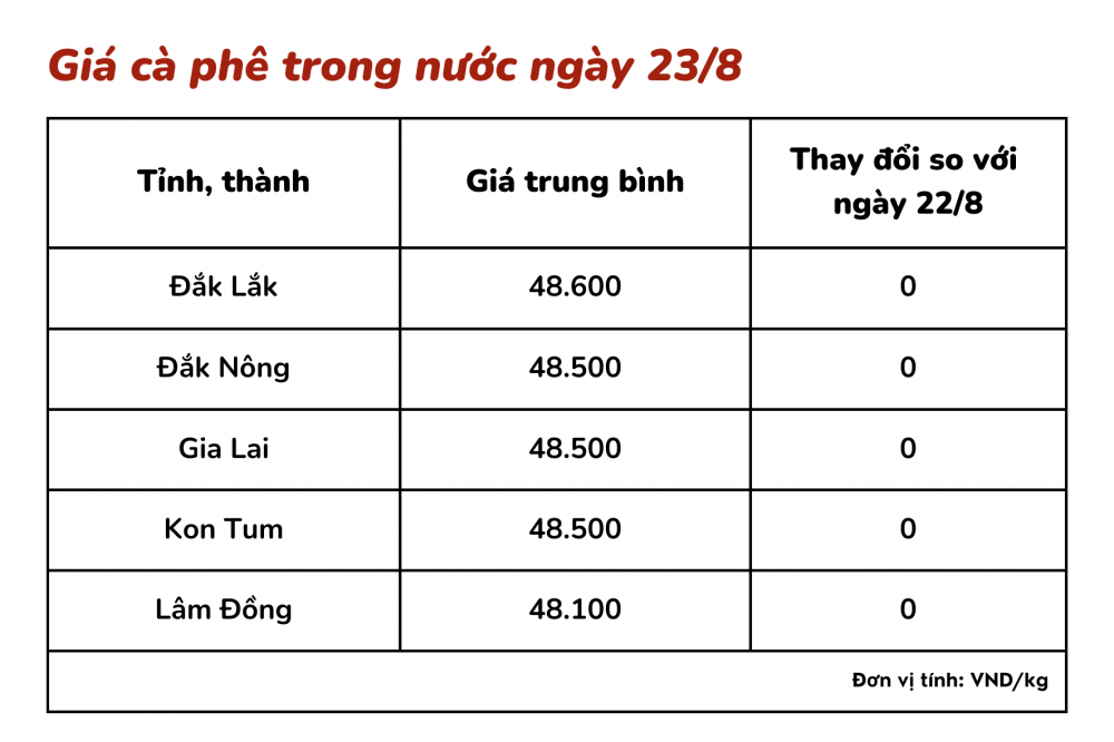 Giá cà phê hôm nay 23/8: Giao dịch ở mức 48.100 – 48.600 đồng/kg