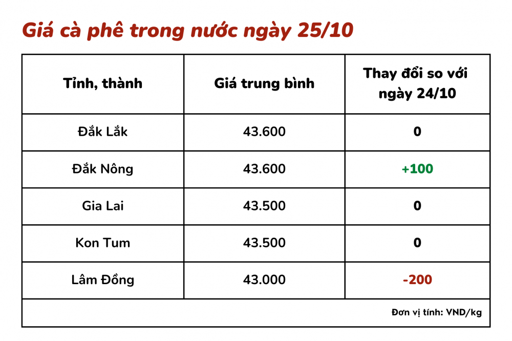 Giá cà phê hôm nay 25/10: Giá cà phê trong nước dao động từ 43.000 – 43.600 đồng/kg