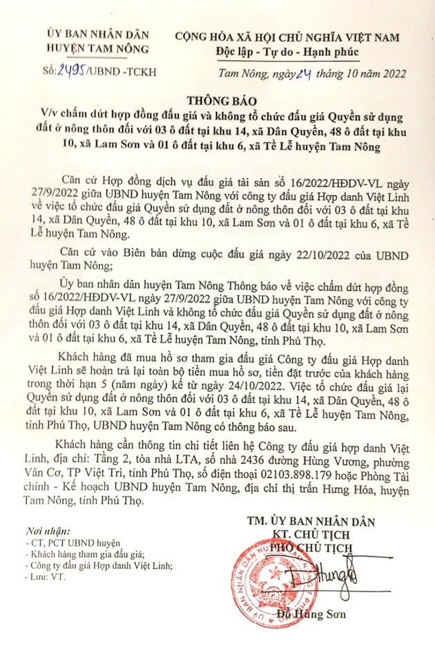 Phú Thọ: Vì sao Công ty Việt Linh bị chấm dứt hợp đồng đấu giá 86 lô đất?