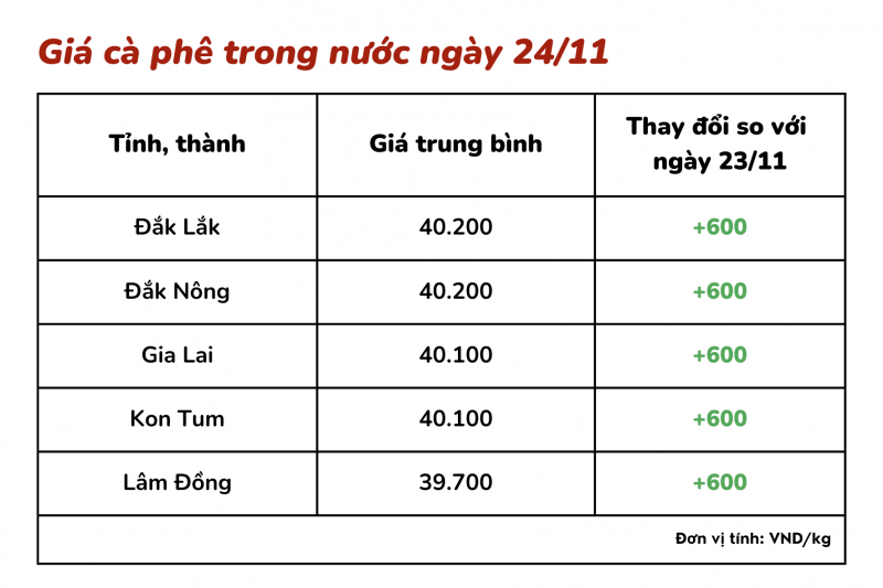 Giá cà phê hôm nay 24/11: Giá cà phê trong nước vượt mốc 40.000 đồng/kg