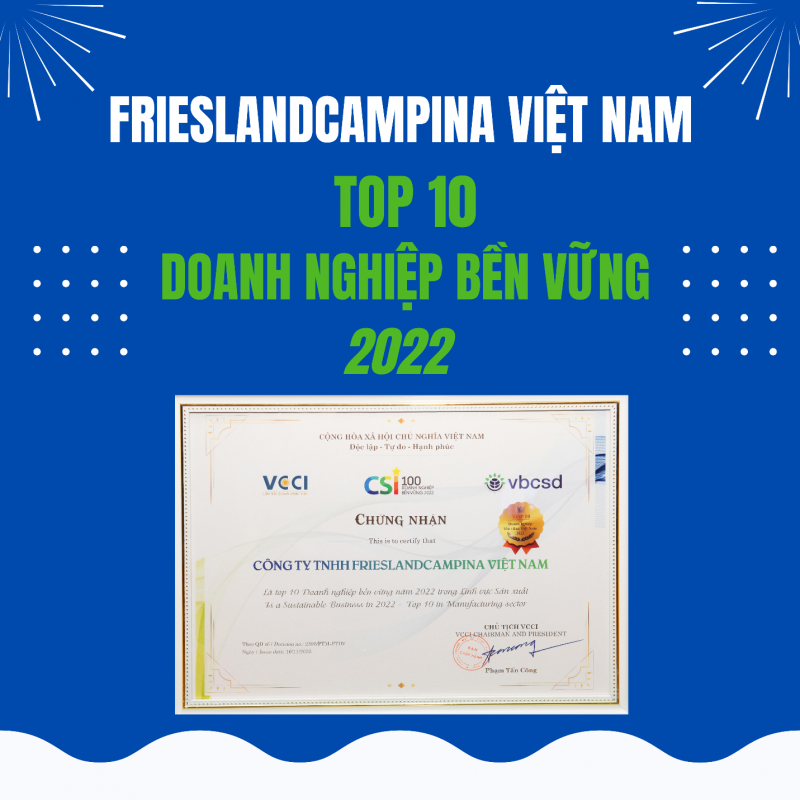 FrieslandCampina Việt Nam Vinh dự  được vinh danh Top 10 Doanh nghiệp Bền vững trong lĩnh vực sản xuất