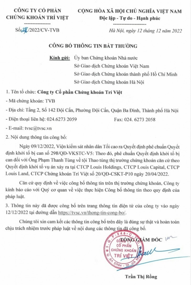 Chứng khoán Trí Việt đổi người đại diện pháp luật khi chủ tịch bị khởi tố