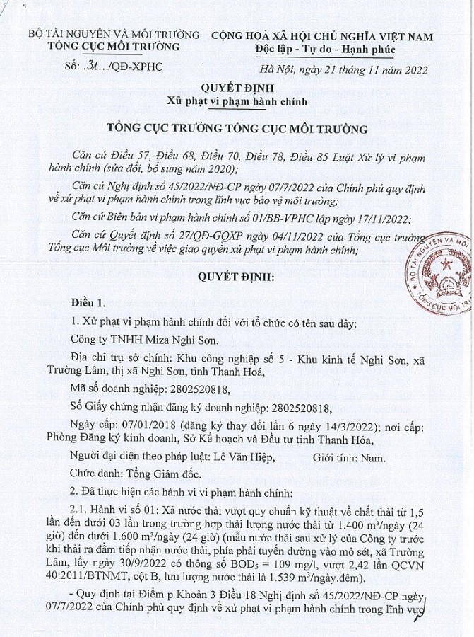 Xử phạt Công ty Miza ở Thanh Hóa hơn 550 triệu đồng vì vi phạm nghiêm trọng về môi trường