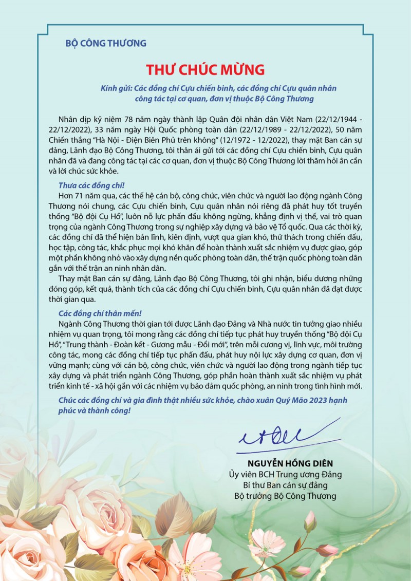 Bộ trưởng Nguyễn Hồng Diên gửi thư chúc mừng các cựu chiến binh, cựu quân nhân công tác tại Bộ Công Thương