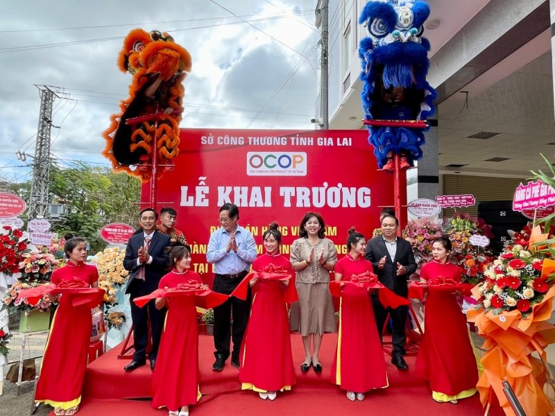  Các đại biểu và đại diện doanh nghiệp cắt băng khai trương Điểm bán hàng Việt Nam tại Đak Đoa.