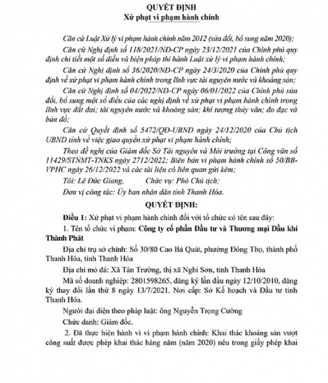 Thanh Hóa: Xử phạt Công ty Thành Phát 250 triệu đồng vì khai thác khoáng sản vượt công suất