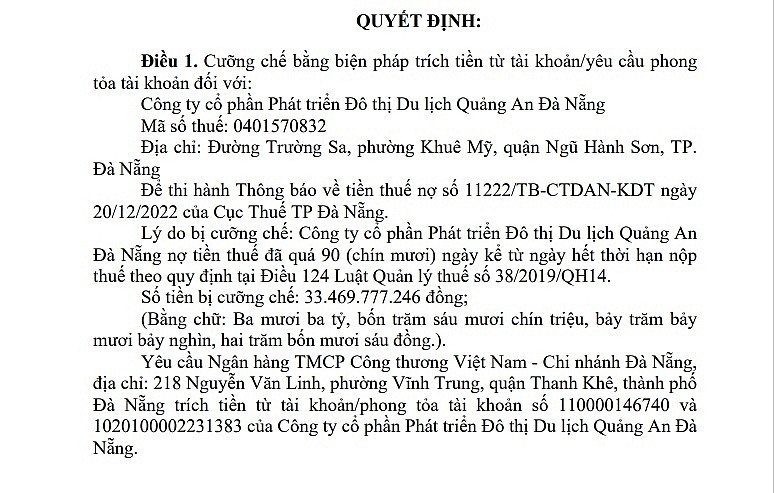 Đô thị Du lịch Quảng An Đà Nẵng nợ nần chồng chất, bị phong tỏa tài khoản