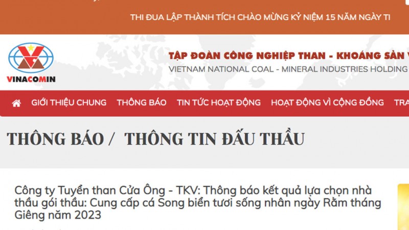 Thông báo trúng thầu được đăng tải công khai trên trang web của Tập đoàn Công nghiệp Than-Khoáng sản Việt Nam