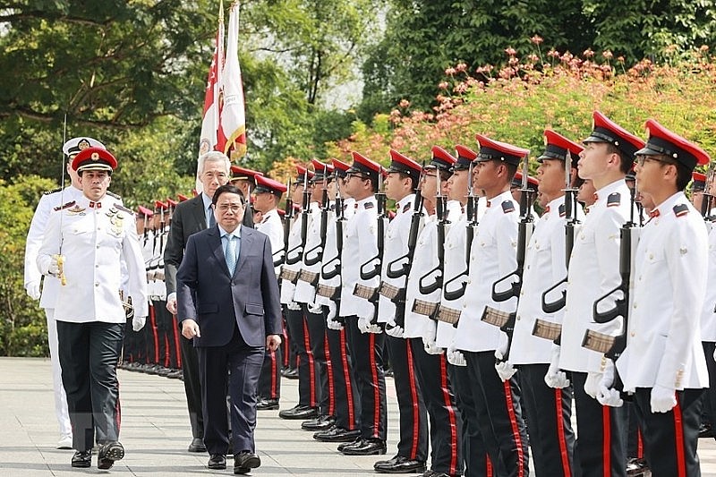 Thủ tướng Phạm Minh Chính và Thủ tướng Singapore Lý Hiển Long duyệt đội danh dự. Ảnh: TTXVN Thủ tướng Phạm Minh Chính và Thủ tướng Singapore Lý Hiển Long duyệt đội danh dự. Ảnh: TTXVN