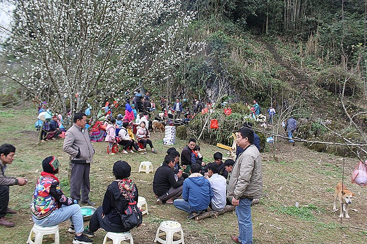 Bà con người Mông thôn Lả Gì Thàng xã Tả Văn Chư tập trung nghe tuyên truyền, phổ biến luật bảo vệ rừng, quy ước, hương ước thôn về bảo vệ rừng.