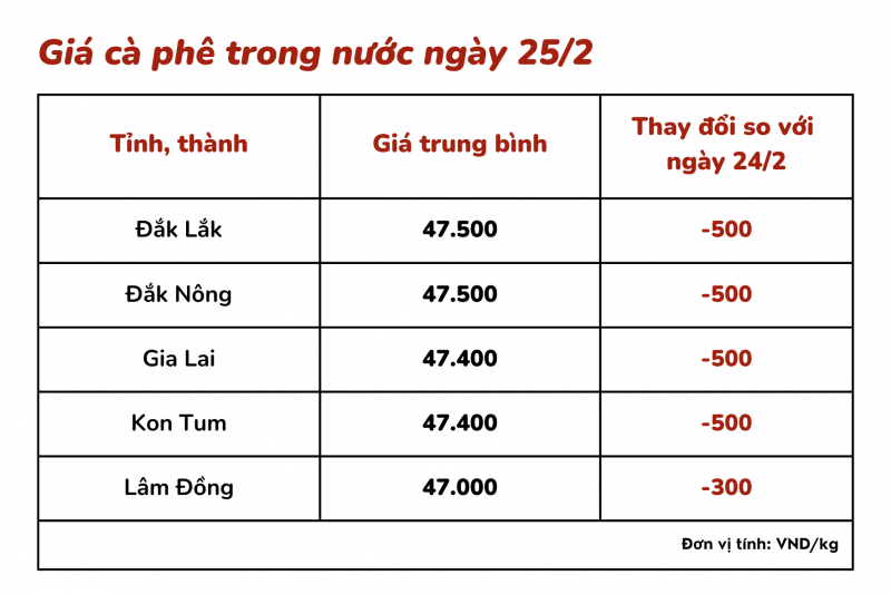 Giá cà phê hôm nay, 25/2: Giá cà phê trong nước giảm 500 đồng/kg