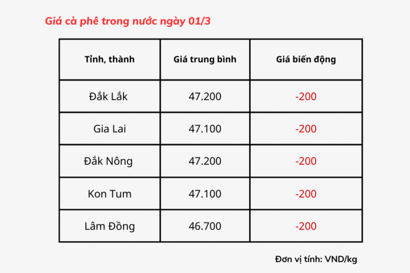 Giá cà phê hôm nay, 01/3: Giá cà phê trong nước cao nhất 47.200 đồng/kg