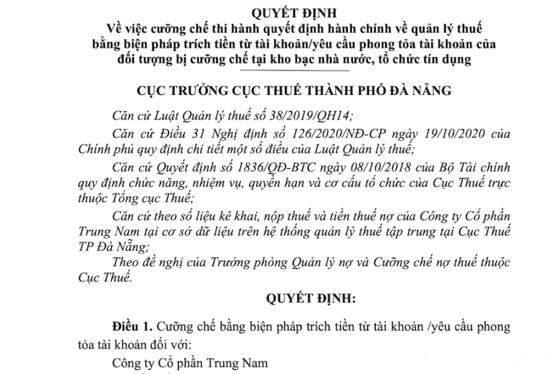 Công ty Trung Nam bị phong tỏa tài khoản để cưỡng chế hơn 445 tỷ đồng nợ thuế