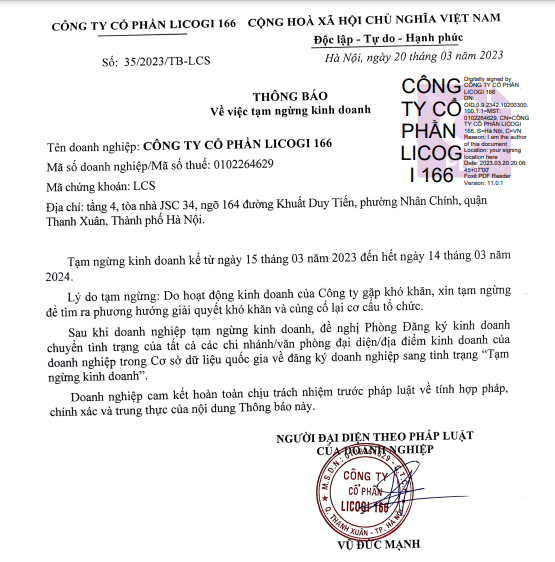 Cạn kiệt tài chính, Licogi 166 (LCS) tạm dừng kinh doanh 1 năm để giải quyết khó khăn