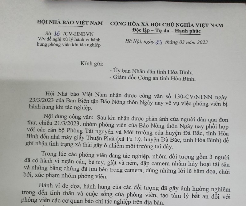 Hội Nhà báo Việt Nam vào cuộc vụ phóng viên Báo Nông thôn ngày nay bị hành hung