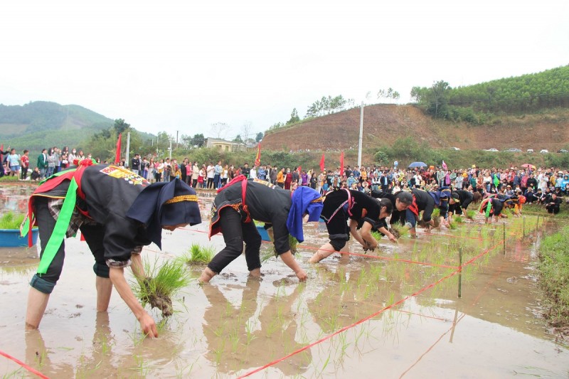 Phần thi cấy lúa hứa hẹn một năm mùa màng tươi tốt, nhà nhà no ấm, hạnh phúc trong Lễ hội Lồng tồng, xã Lương Mông năm 2023