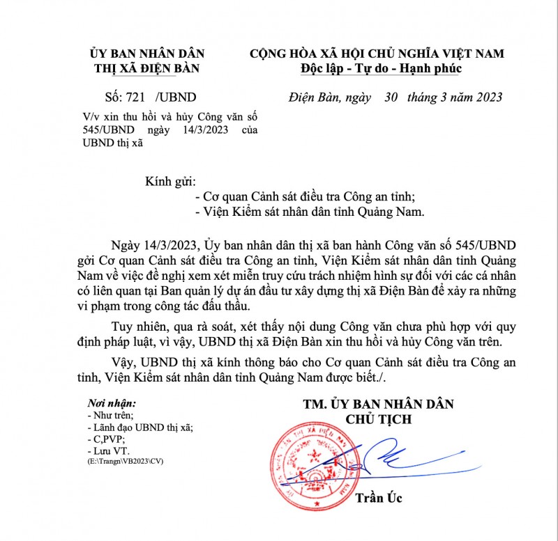 Thị xã Điện Bàn(Quảng Nam): Ra công văn xin miễn truy cứu trách nhiệm hình sự rồi lại… xin hủy