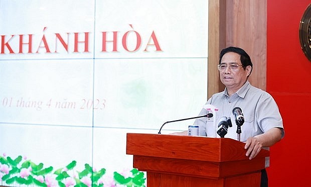 Thủ tướng Phạm Minh Chính kết luận buổi làm việc với lãnh đạo chủ chốt tỉnh Khánh Hòa. (Ảnh: Dương Giang/TTXVN)