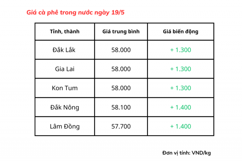 Giá cà phê hôm nay, 19/5: Giá cà phê trong nước chạm mốc 58.100 đồng/kg