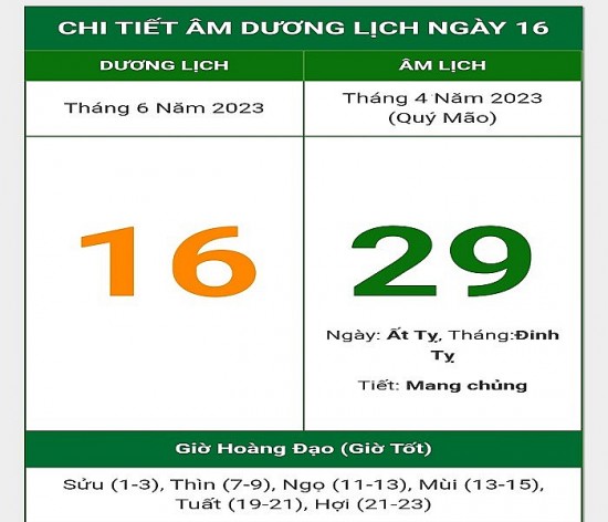 Lịch âm hôm nay 16/6, lịch âm 16/6; lịch âm 16/6 theo lịch vạn niên; lịch ngày tốt