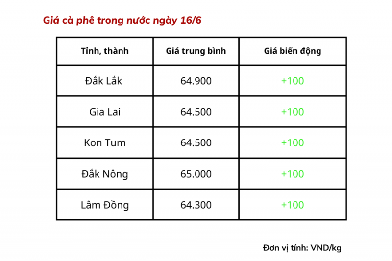 Giá cà phê hôm nay dao động từ 64.300 – 65.000 đồng/kg.