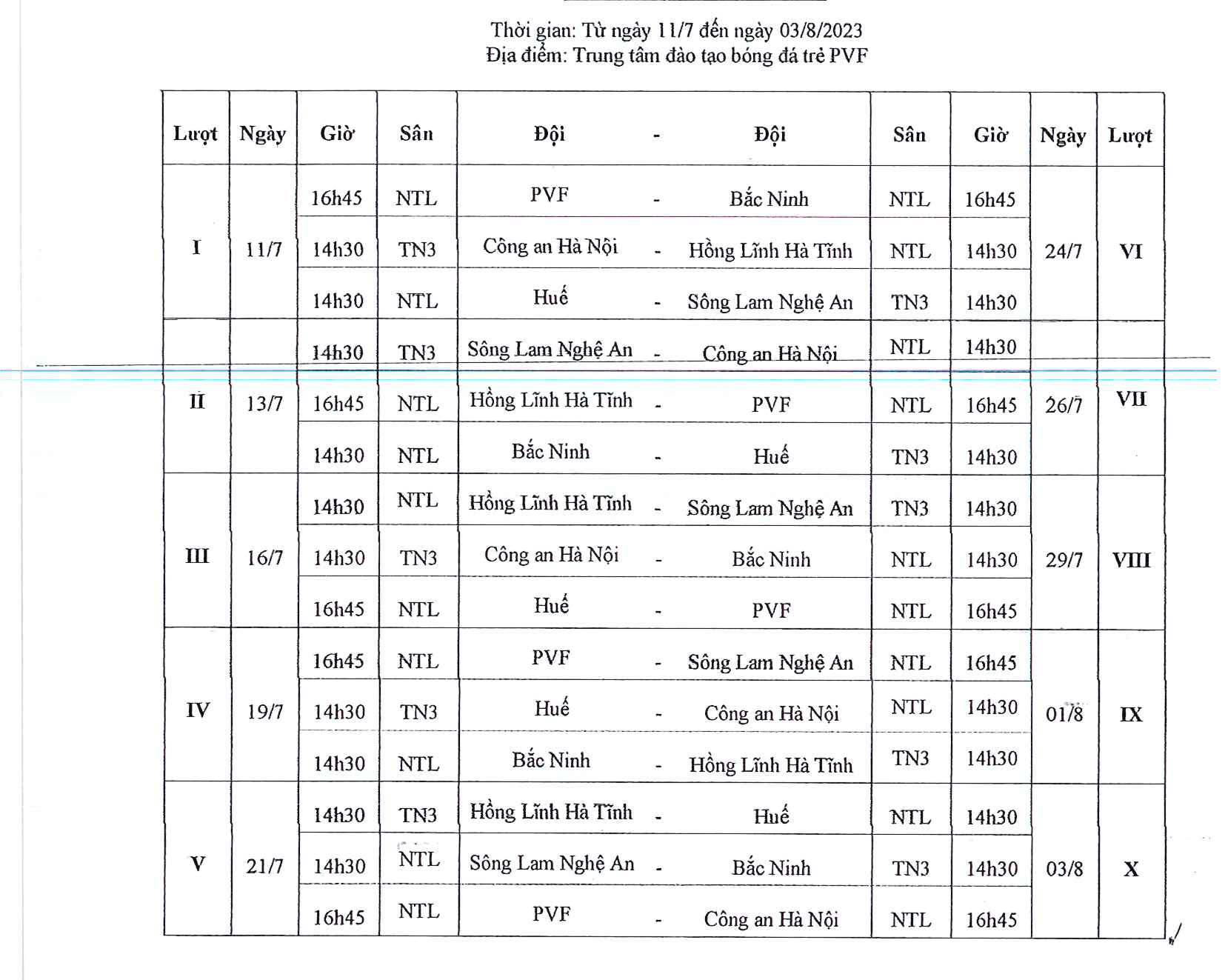 Lịch thi đấu Giải bóng đá vô địch U15 Quốc gia 2023
