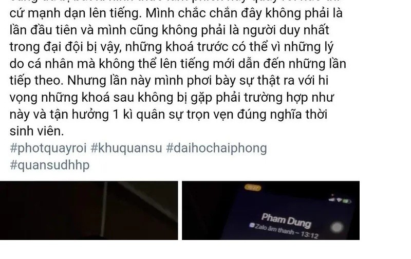 Bài viết tố cáo nam giảng viên Trung tâm Giáo dục quốc phòng, an ninh của Đại học Hải Phòng quấy rối tình dục trên mạng xã hội.