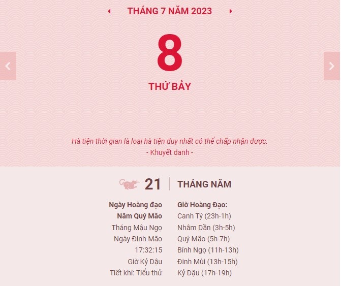 Lịch âm hôm nay ngày 8/7/2023, âm lịch hôm nay 8/7; lịch vạn niên 8/7/2023; ngày tốt hôm nay