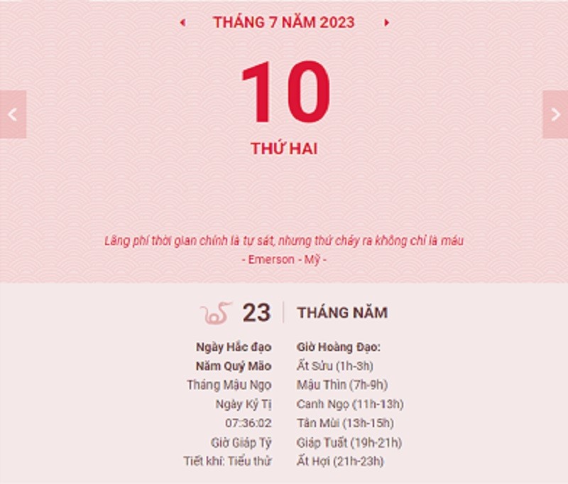 Lịch âm hôm nay ngày 10/7/2023, Âm lịch hôm nay 10/7; Lịch vạn niên 10/7/2023; Ngày tốt hôm nay