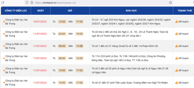 Kế hoạch cắt điện một số khu vực trên địa bàn Hà Nội