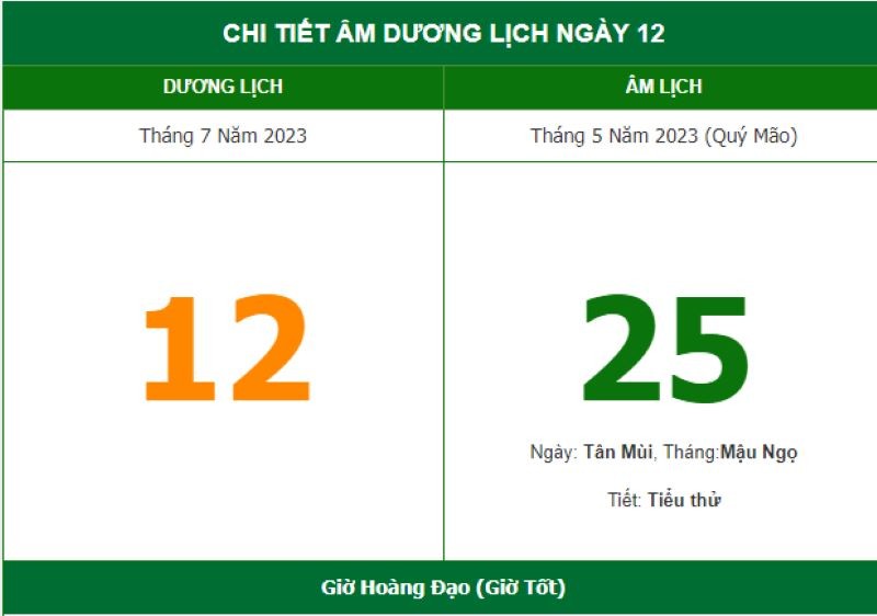 Lịch âm hôm nay ngày 12/7/2023, âm lịch hôm nay 12/7; lịch vạn niên 12/7/2023; ngày tốt hôm nay