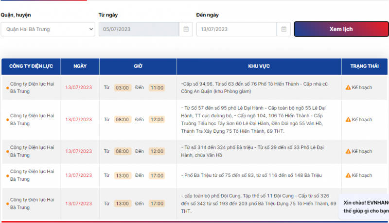 Lịch cắt điện Hà Nội hôm nay ngày 13/7/2023:
