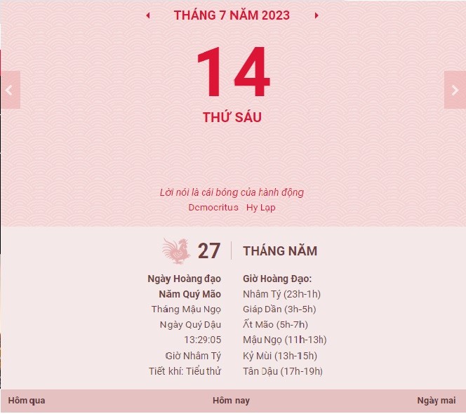 Lịch âm hôm nay ngày 14/7/2023, âm lịch hôm nay 14/7; lịch vạn niên 14/7/2023; ngày tốt hôm nay