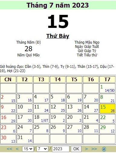 Lịch âm hôm nay ngày 15/7/2023, âm lịch hôm nay 15/7; Lịch vạn niên 15/7/2023; ngày tốt hôm nay