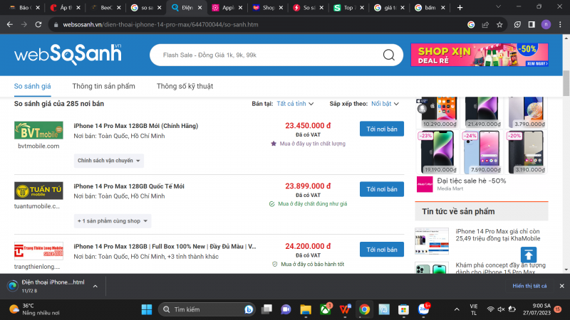 So sánh giá, giá tốt hôm nay 27/7/2023: Điện thoại iPhone 14 Pro Max ở đâu giá tốt nhất?
