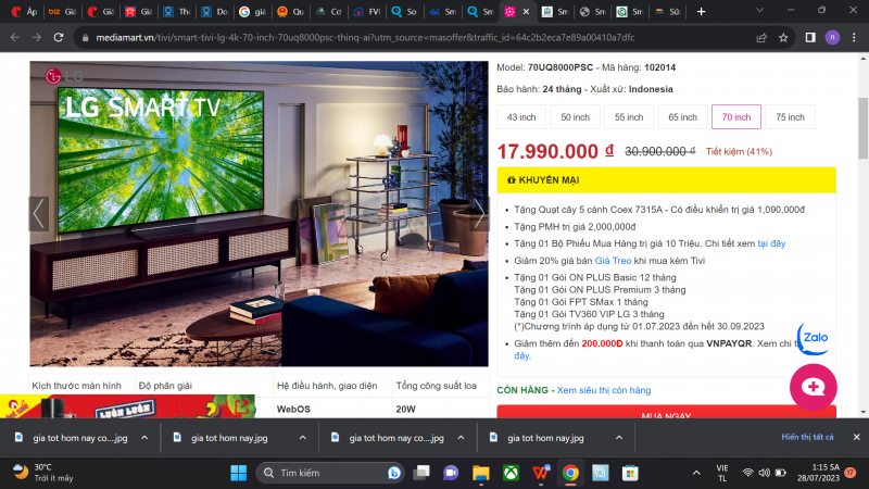 So sánh giá, giá tốt hôm nay 28/7/2023: Smart Tivi LG 4K 70 inch ở đâu giá tốt nhất?