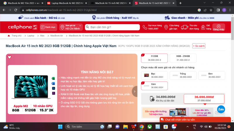 So sánh giá, giá tốt hôm nay 5/8/2023: MacBook Air 15 inch M2 2023 8GB 512GB ở đâu giá tốt?