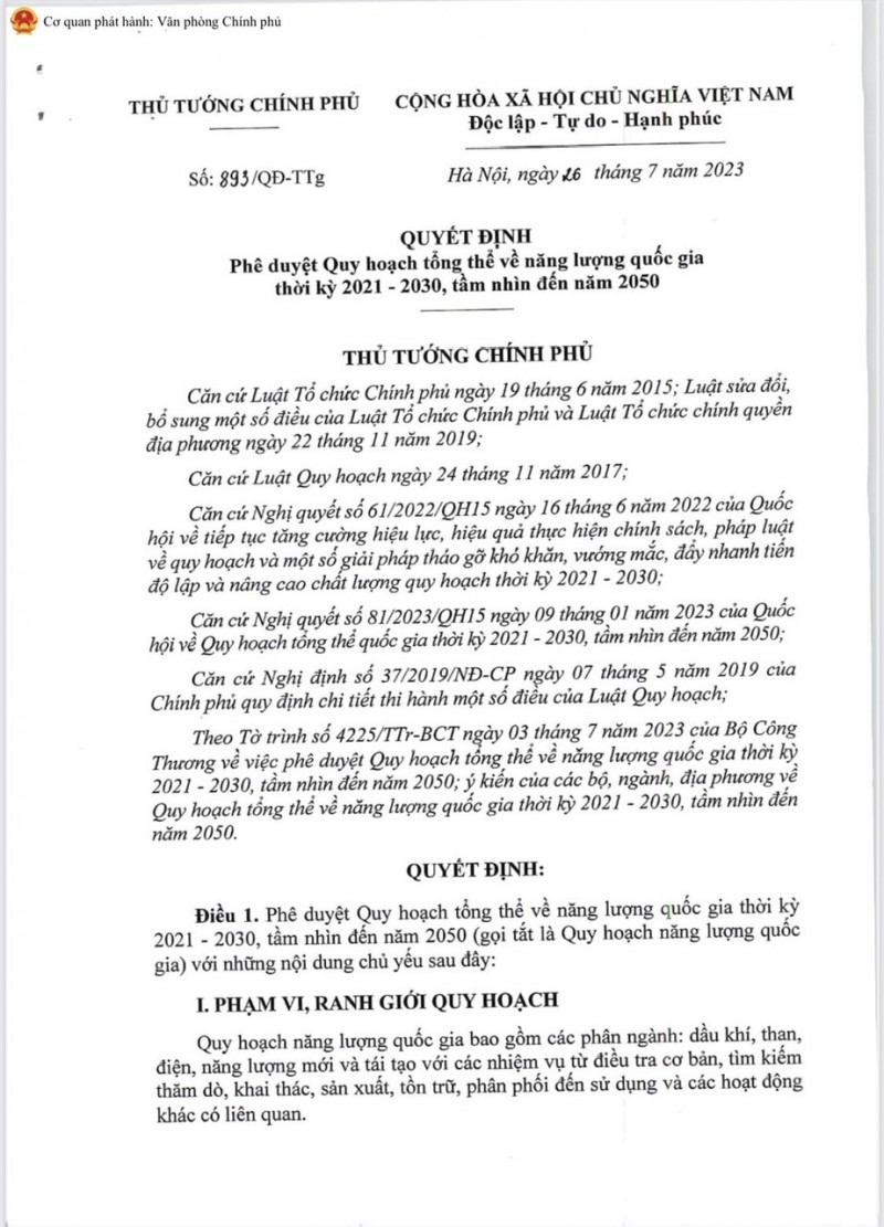 Toàn văn Quyết định Phê duyệt Quy hoạch tổng thể về năng lượng quốc gia