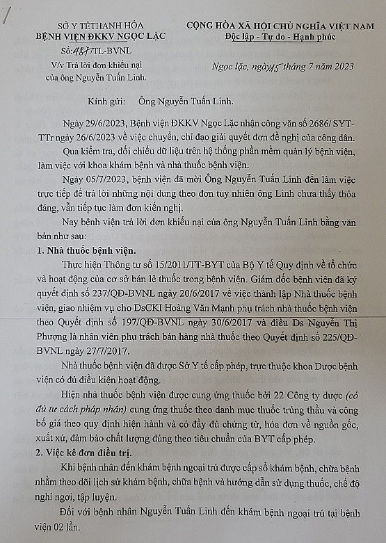 Thanh Hóa: Bệnh nhân khiếu nại Bệnh viện đa khoa Ngọc Lặc làm rõ nội dung kê đơn thuốc khám bệnh