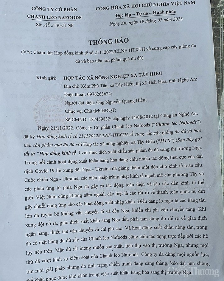 Thông báo chấm dứt hợp đồng kinh tế của Công ty cổ phần Chanh leo Nafoods.