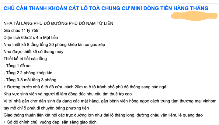 Một khu chung cư mini rao bán &quot;cắt lỗ&quot;. (Ảnh chụp màn hình).