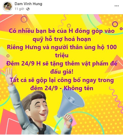 Trang cá nhân của ca sĩ Đàm Vĩnh Hưng đã thông báo về đêm nhạc gây quỹ. Ảnh chụp màn hình