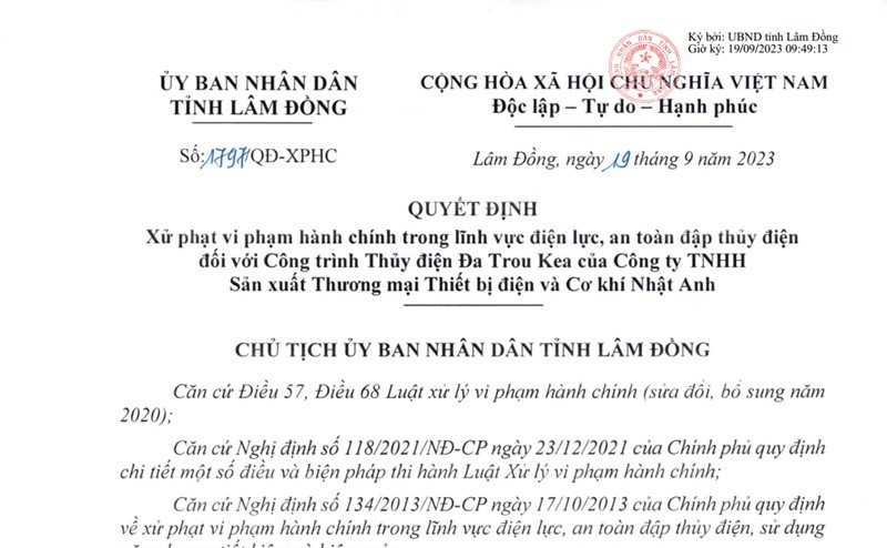 Chưa nghiệm thu đã vận hành, 3 công ty thuỷ điện bị phạt 720 triệu
