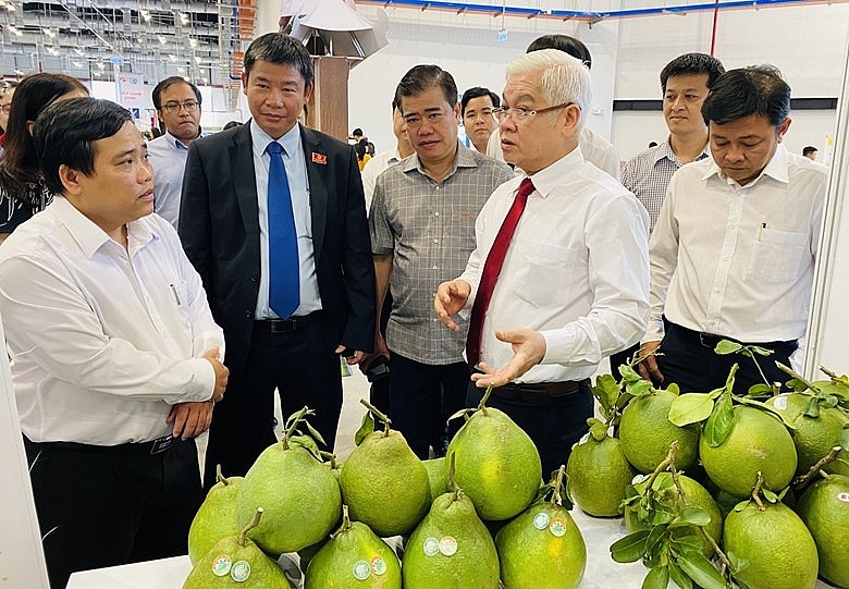 Đồng chí  Nguyễn Văn Lợi, Bí thư Tỉnh ủy và thành viên trong đoàn tham quan các sản phẩm đạt giấy chứng nhận OCOP (ảnh Tiểu My - dangcongsan.vn)