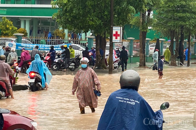 Quảng Nam: Mưa lớn khiến nhiều hàng quán ngập sâu, người dân lội nước đi khám bệnh