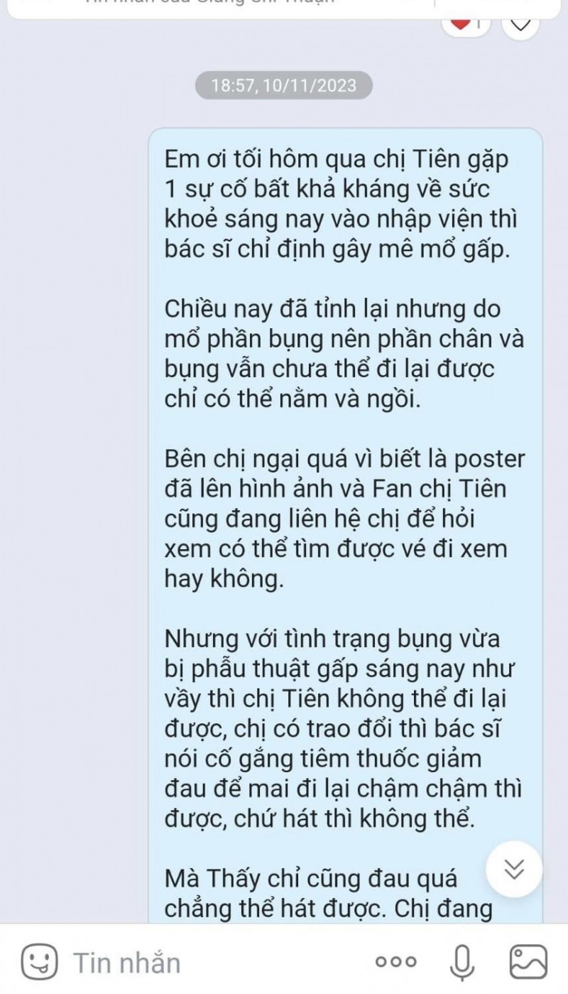 Đoạn tin nhắn giữa Thủy Tiên và ban tổ chức show diễn. Ảnh FBNV