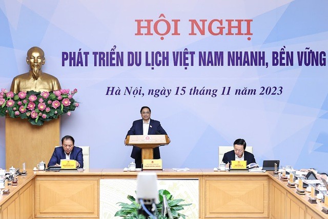 Thủ tướng Phạm Minh Chính phát biểu khai mạc Hội nghị phát triển du lịch Việt Nam nhanh, bền vững. Ảnh Nhật Bắc