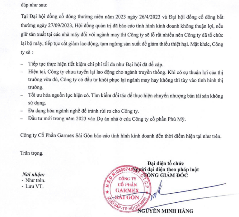 Doanh nghiệp ngành này đã ngừng hoạt động trong lĩnh vực cốt lõi là dệt may và có thể sẽ không quay trở lại ngành này.